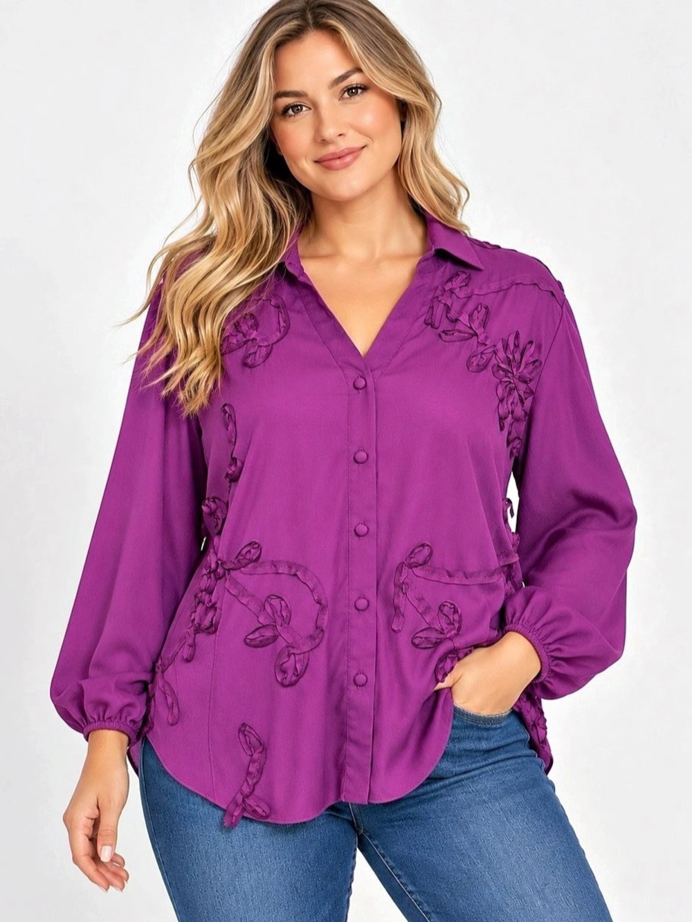 Cato Purple Floral Appliqué Button Front Blouse Top Size L